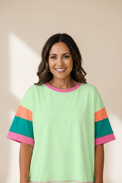 Women's Oversized Lime Green Colorblock Top with Contrast Stitch