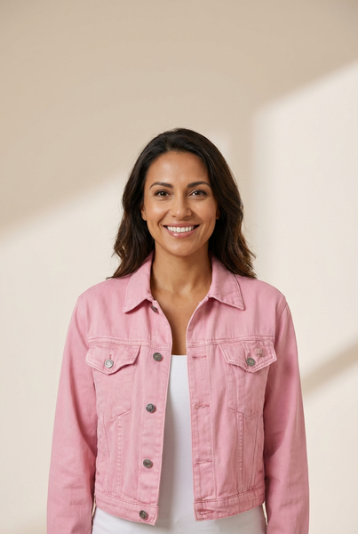 Women's Boxy Cropped Cotton Denim Jacket in Petal Pink made for easy styling and wardrobe coordination, with premium-like structure and finish.