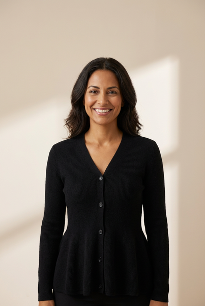 Women's V-Neck Ribbed Peplum Cardigan in Obsidian Black made for easy styling and wardrobe coordination, with premium-like structure and finish.