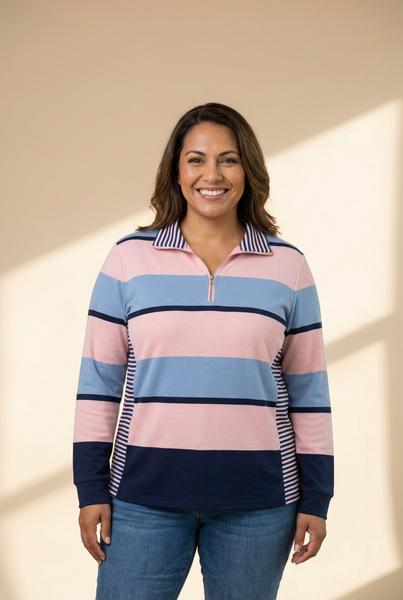 Women's Plus Size Pastel Striped Quarter-Zip Colorblock Pullover