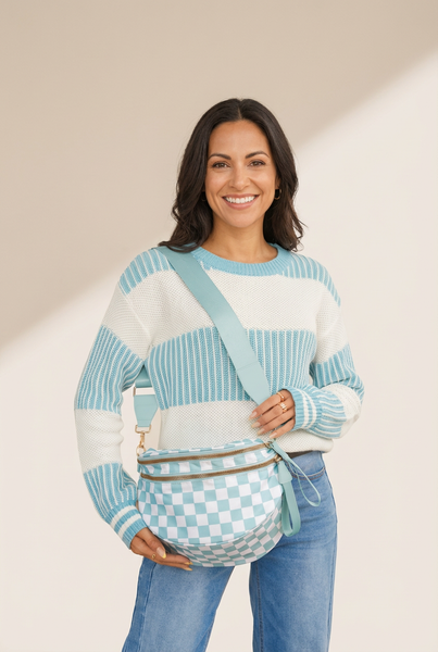 Women's Mist Blue Checkered Polyester Crossbody Bag with Wide Strap