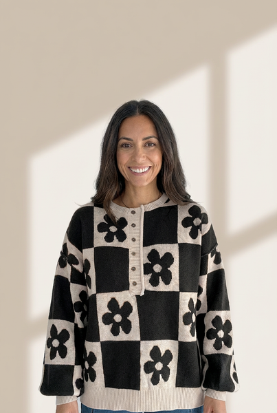Women's Floral Checkerboard Henley Sweater in Soft Viscose Blend