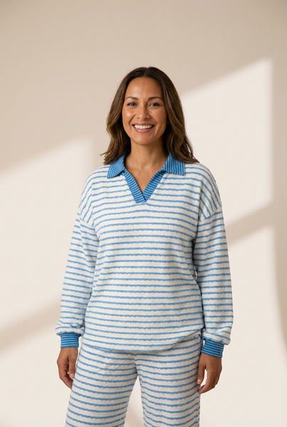 Women's Coastal Stripe V-Neck Polo Pullover and Wide-Leg Pant Set with practical styling and dependable silhouette control.