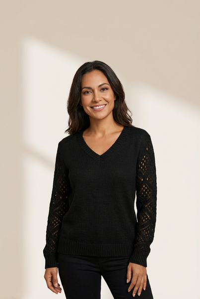 Women's Black V-Neck Pointelle Knit Sweater with Contrast Sleeves