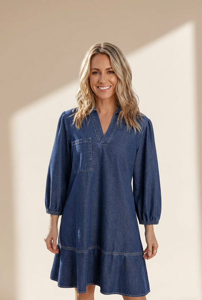 Women's Cotton-Blend Denim V-Neck Shift Dress with Tiered Hem