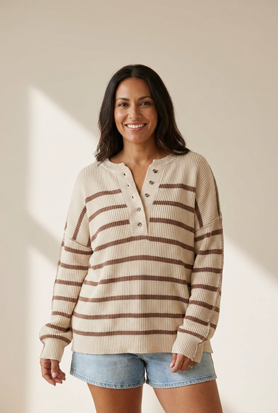 Women's Striped Viscose Blend Henley Knit Pullover Sweater