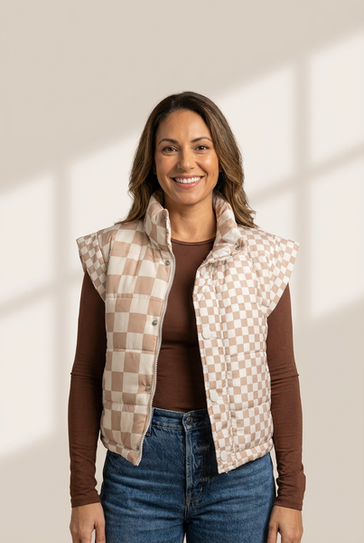 Women's Khaki Checkered Quilted Vest with Mock Neck