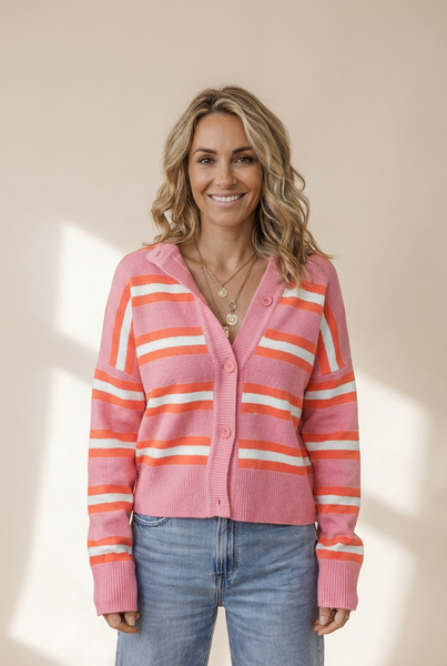 Women's Striped Pink Viscose Blend Drop Shoulder Cardigan