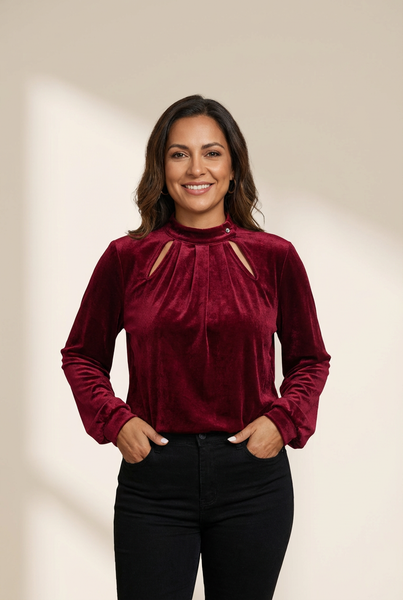 women's red dahlia velvet mock neck blouse with keyhole detail made for easy styling and wardrobe coordination, with premium-like structure and with