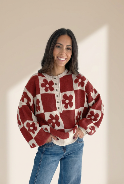 Women's Red Dahlia Floral Checkerboard Henley Knit Sweater
