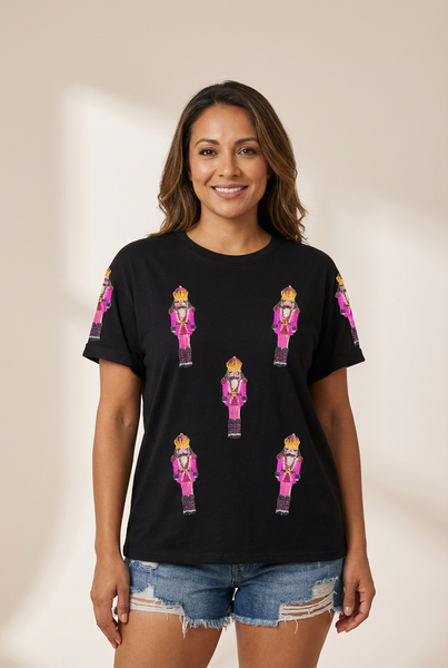 Women's Sequin Pink Nutcracker Relaxed Holiday Graphic Tee