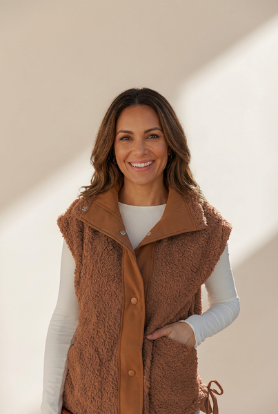 Women's Cinnamon Faux Fur Side-Knot Vest with Snap Closure