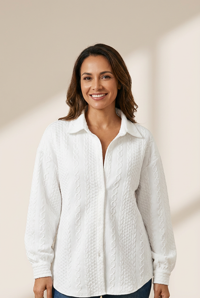 Women's Cable Knit Texture Shirt Jacket in Crisp White