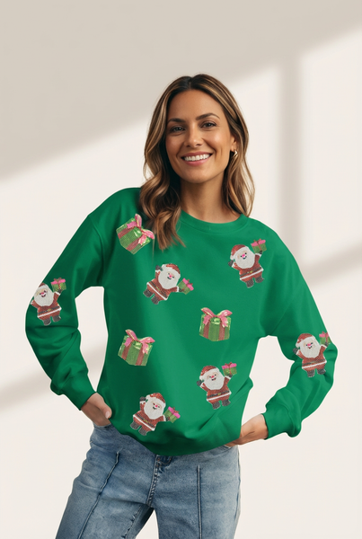 Women's Embellished Santa Graphic Festive Fleece Sweatshirt