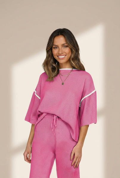 Women's Bright Pink Textured Knit Sweater and Wide-Leg Pant Set