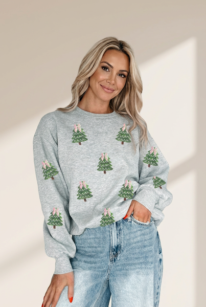 Women's Sequined Christmas Tree Graphic Sweatshirt in Heather Grey