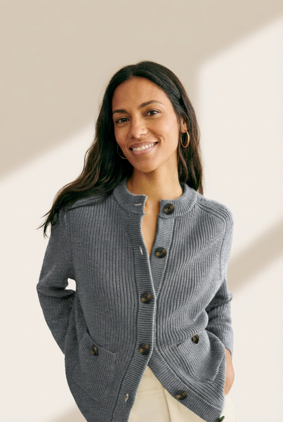 Women's Ribbed Viscose-Blend Crewneck Cardigan in Heather Grey