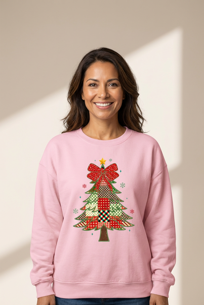 Women's Pink Patchwork Christmas Tree Drop Shoulder Sweatshirt