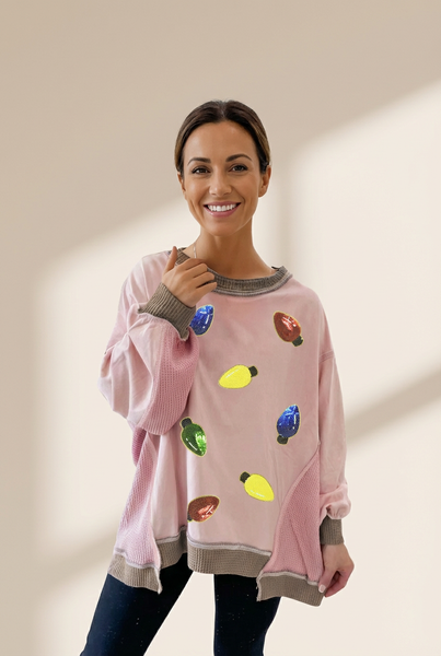 Women's Pink Sequin Christmas Light Sweatshirt with Patchwork