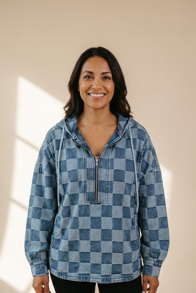 Women's Checkerboard Denim Pullover Hoodie with Quarter-Zip