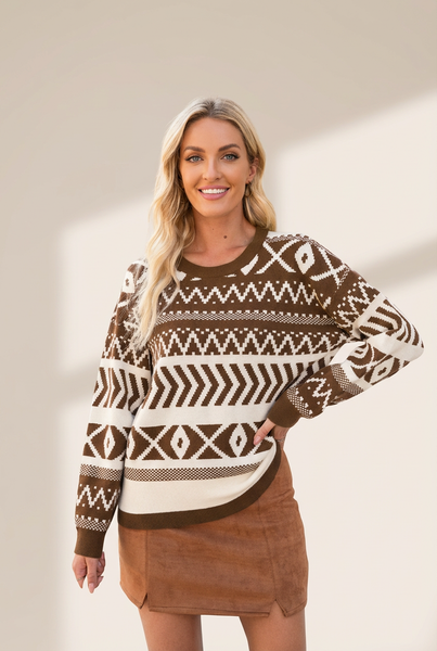 Women's Chestnut Brown Abstract Geometric Knit Pullover