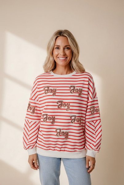Women's Red Striped Sequin Joy Graphic Christmas Sweatshirt