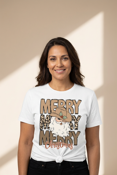 Women's Western Santa Graphic Tee: Leopard Print Merry Christmas