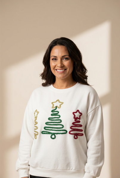Women's Embellished Christmas Tree Sweatshirt in White Cotton Blend
