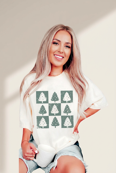 Vintage Christmas Tree Graphic Tee in Sage & White