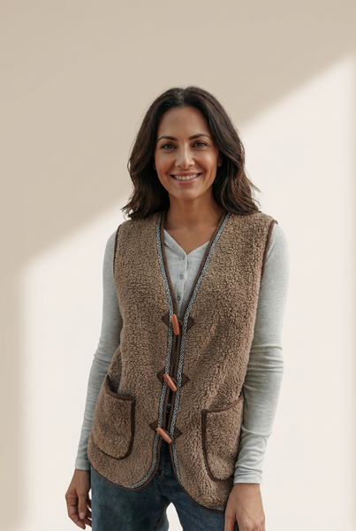 Women's Dark Khaki Sherpa Vest with Geometric Trim and Toggles with practical styling and dependable silhouette control.