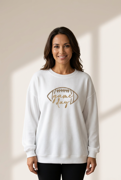 Women's White Ribbed Game Day Embroidered Sweatshirt