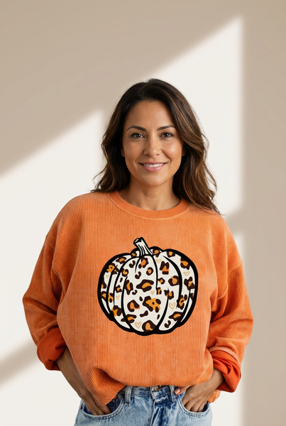 Women's Orange Corded Leopard Pumpkin Sweatshirt for Fall