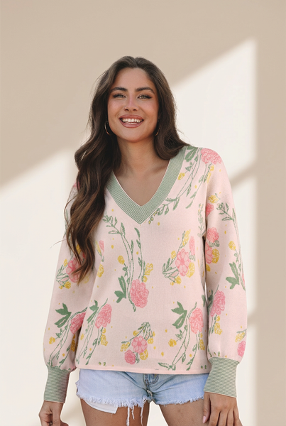 Women's Floral V-Neck Viscose Blend Knit Sweater in Soft Pink