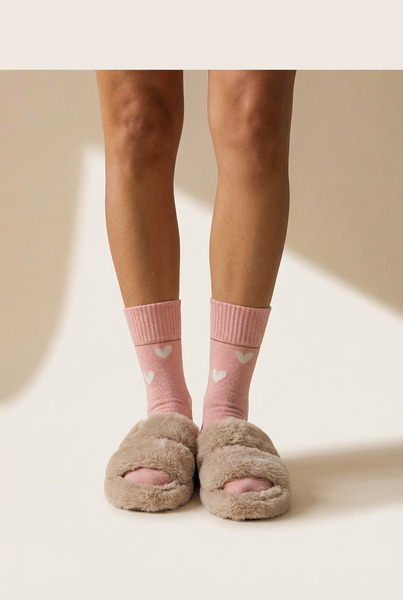 Women's Pink Heart Print Polyester Crew Socks with Ribbed Cuffs