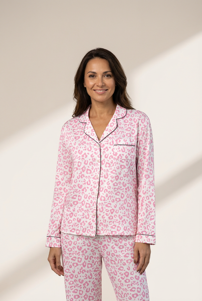 Women's Pink Leopard Print Viscose Pajama Set with Contrast Piping