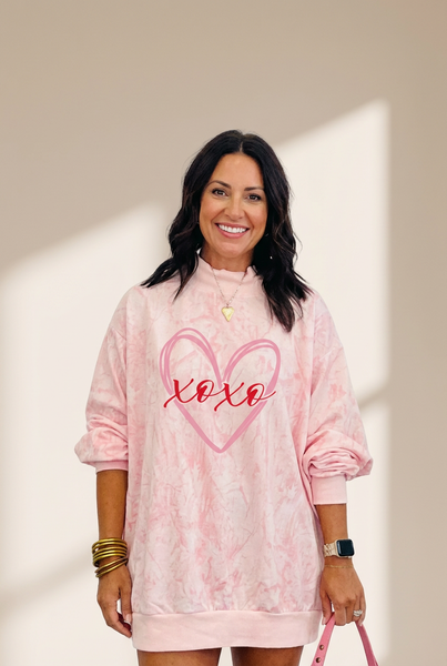 Women's Pink Tie-Dye Heart Print Mock Neck Oversized Sweatshirt