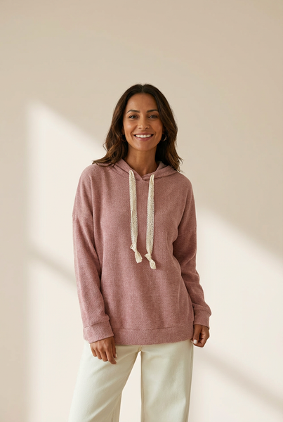 Women's Rose Tan Lace Thermal Hoodie in Relaxed Viscose Blend
