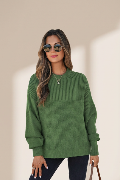 Women's Vineyard Green Mixed-Texture Knit Crewneck Sweater