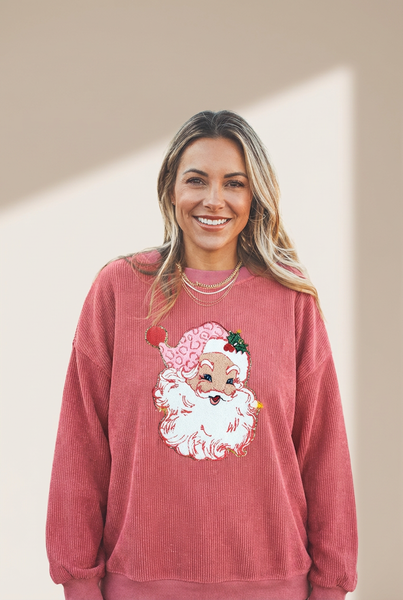 Women's Strawberry Pink Ribbed Sparkle Santa Sweatshirt