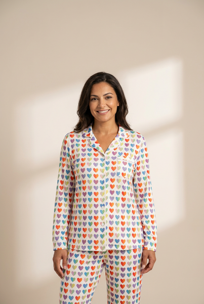 Women's Rainbow Heart Print Long Sleeve Pajama Set