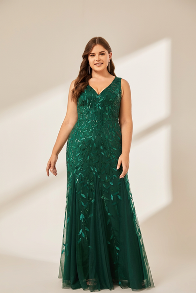 Women's Emerald Leaf Sequin Mermaid Plus Size Formal Gown