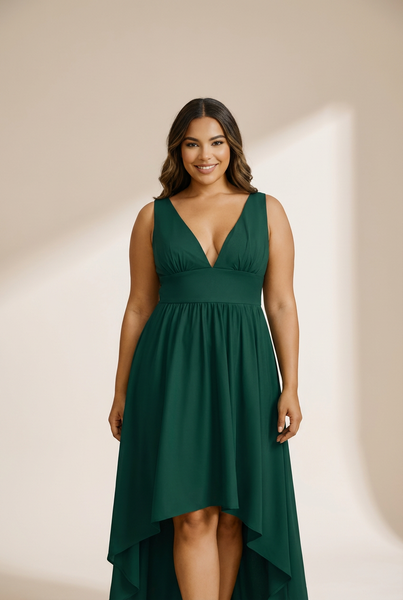 Women's Forest Green High-Low V-Neck Cocktail Dress