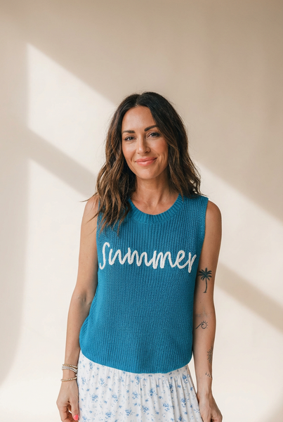 Women's Dusk Blue \"Summer\" Script Embroidered Knit Vest