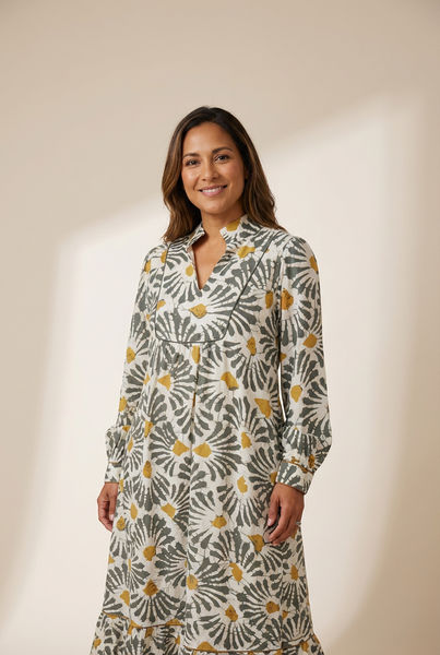 Elegant Women's Gray Abstract Floral Long Sleeve Dress - Versatile V-Neck Style for Casual and Formal Summer Events made for easy styling and wardrobe