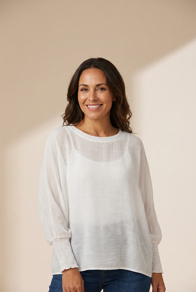 Women's Semi-Sheer Smocked Cuff White Blouse with Dolman Sleeves