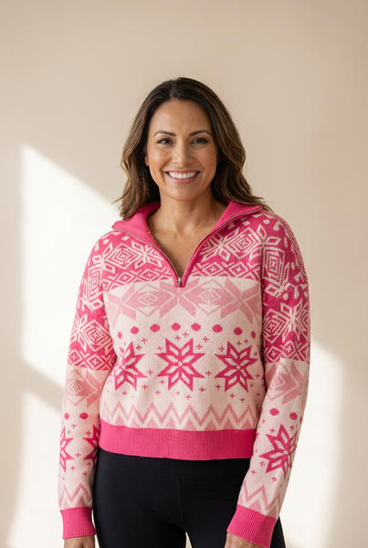 Women's Quarter-Zip Rose Pink Snowflake Fair Isle Sweater
