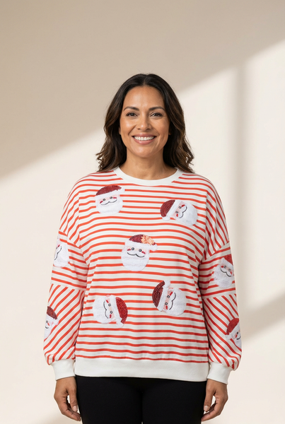 Women's Sequin Santa Striped Holiday Sweatshirt in Festive Orange