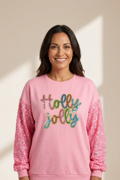 Women's Holly Jolly Pink Sequin Sleeve Holiday Sweatshirt