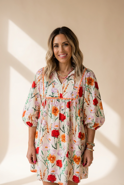 Women's Floral Ricrac Trim Mini Dress with Puff Sleeves