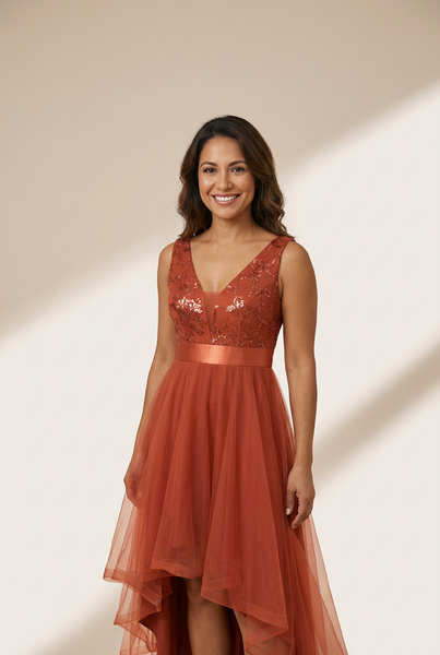 Women's Rust V-Neck Sequin Tulle High-Low Formal Gown